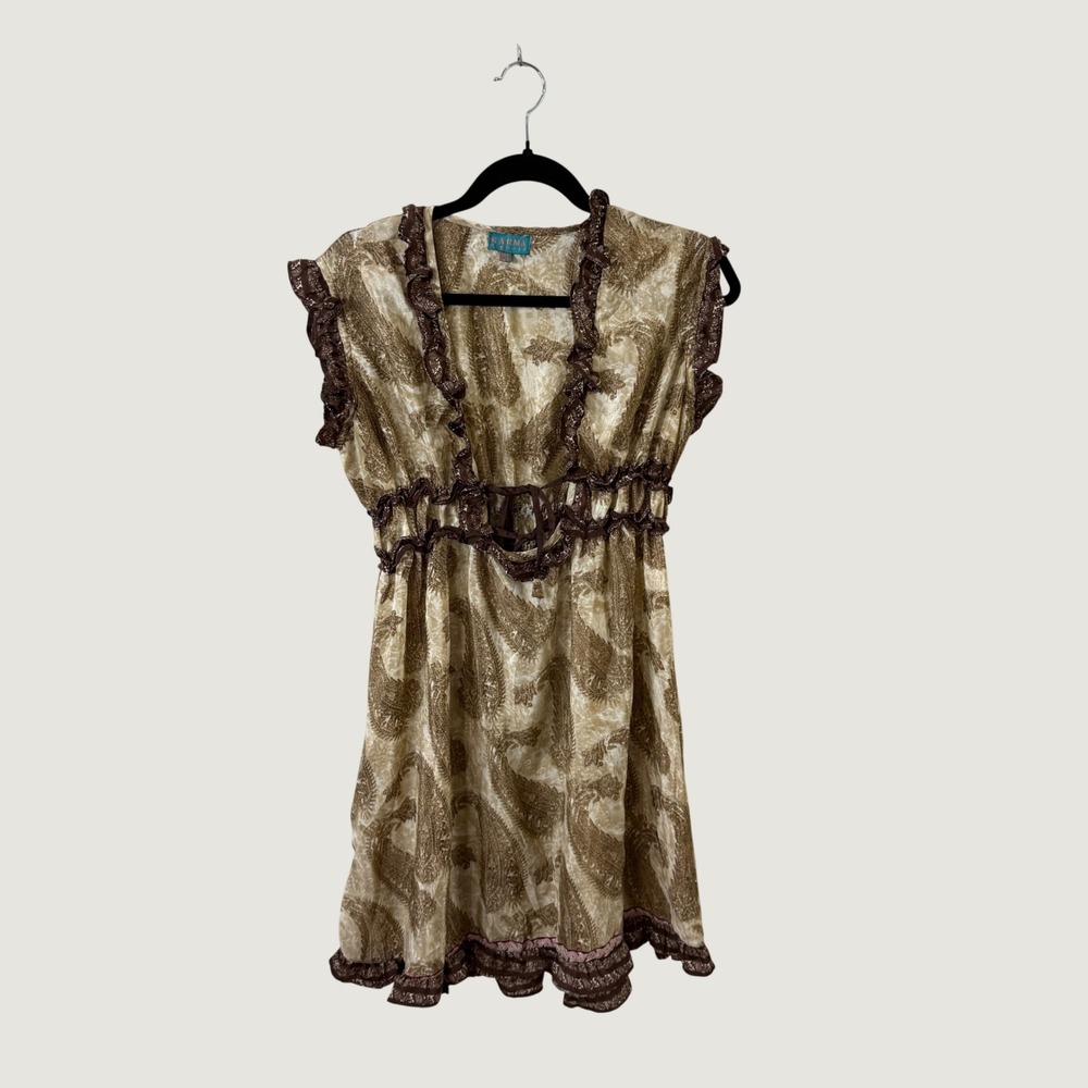 Karma Highway Paisley Ruffle Mini Dress Brown Tan Boho Empire Waist One Size